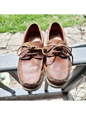 Thad Stuart Mens Brown Leather Boat Shoes Casual Lace-Up Size 10